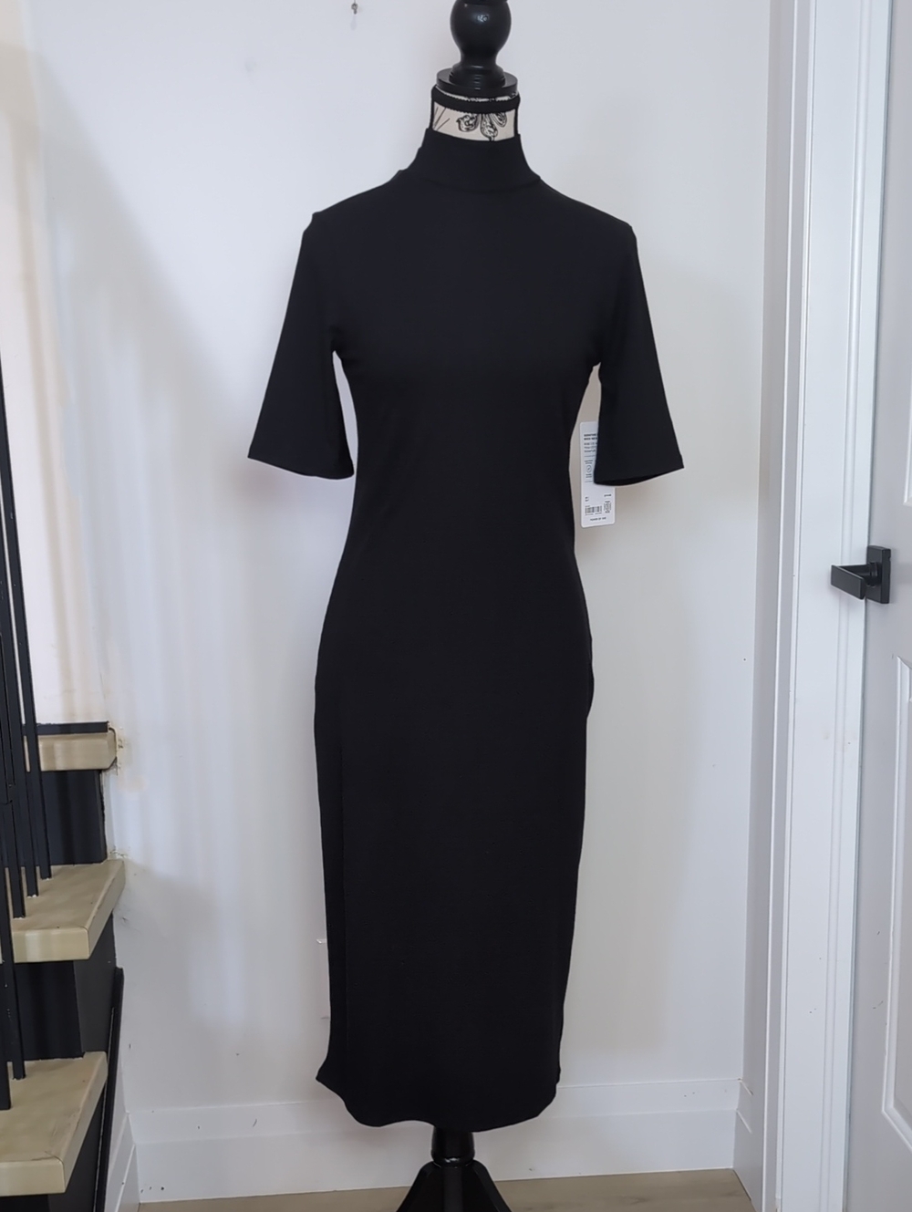 ATHLETA | Women's Black Signature Ribbed Mock Neck Stretchy Fitted Midi Dress